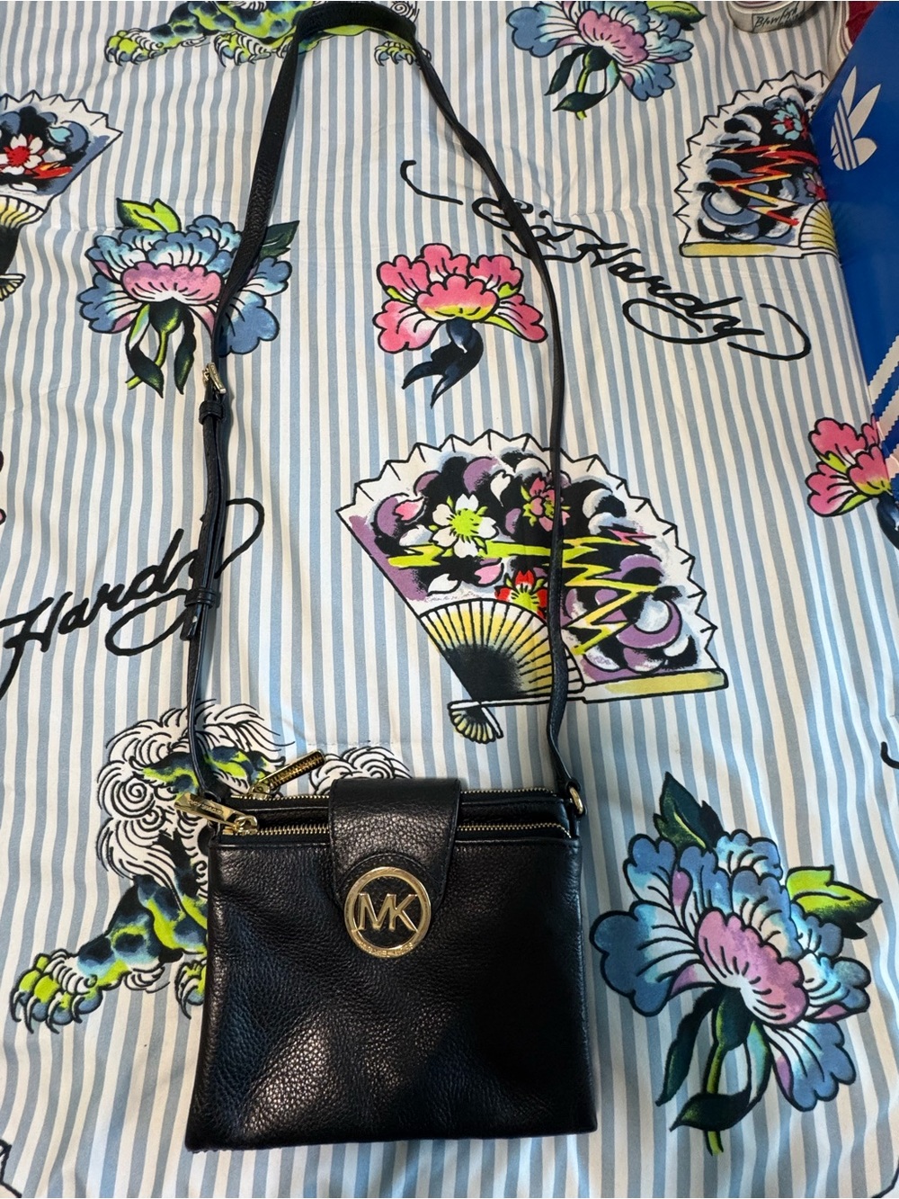 Michael Kors Black Pebbled Leather Small Crossbody with Gold MK Emblem